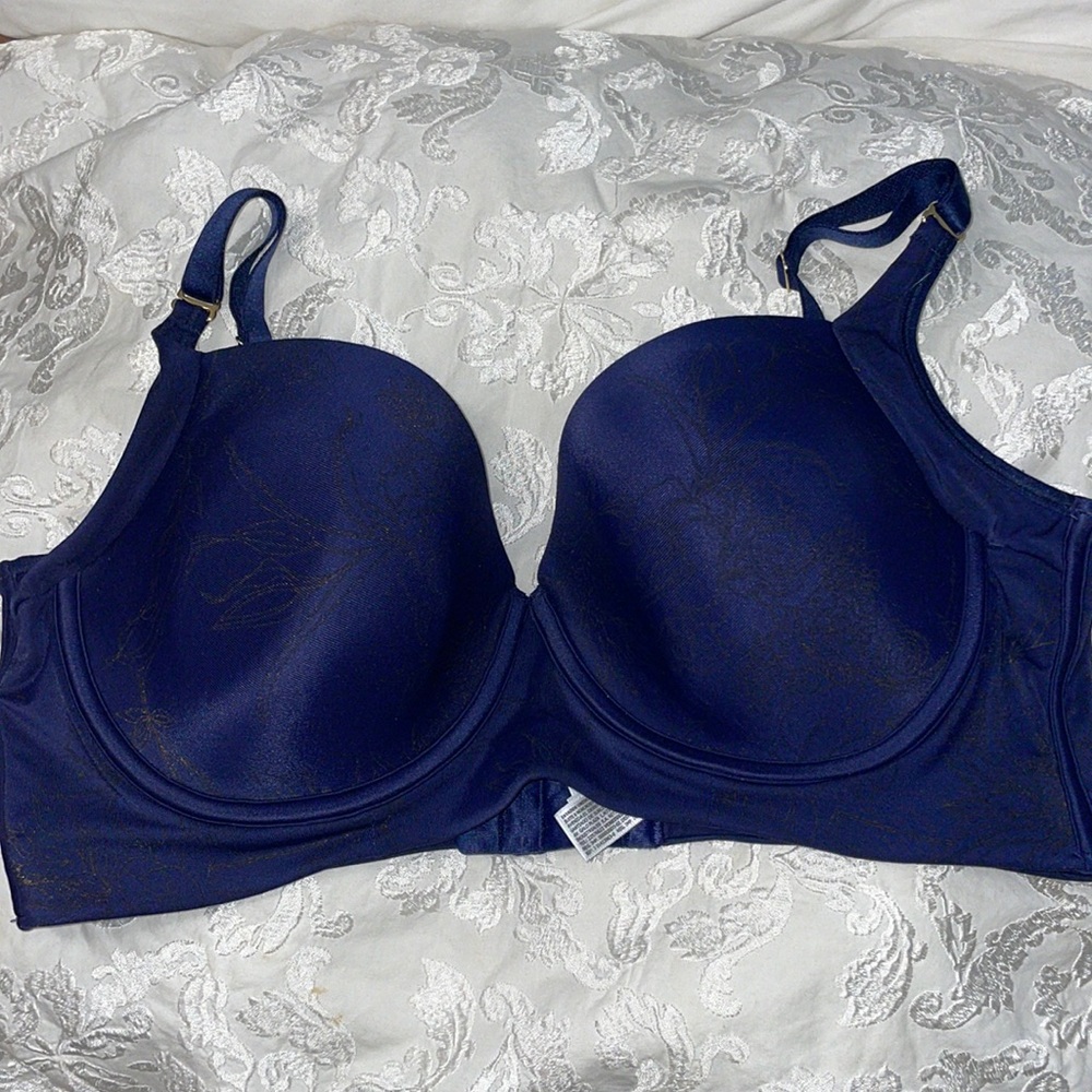 Leonisa back smoothing soft full cup bra blue with subtle gold pattern 40 D DD